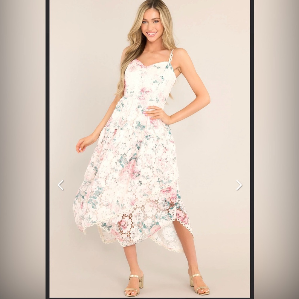 Flirt For Fun Ivory Floral Print Lace Midi Dress